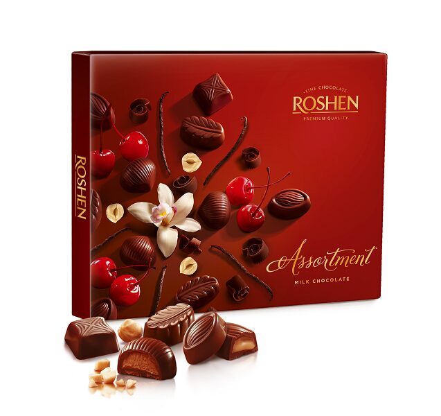 Konfekšu kārba ROSHEN Asorti, piena šokolādes konfektes ar pildījumu, 145g