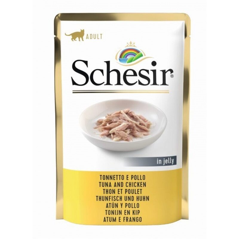 Konservi kaķiem SCHESIR, tuncis un vistas fileja želejā, 85g