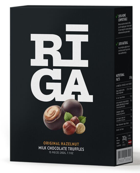 Piena šokolādes trifeles ar lazdu riekstu un cepumu krēma pildījumu "Rīga" 202g