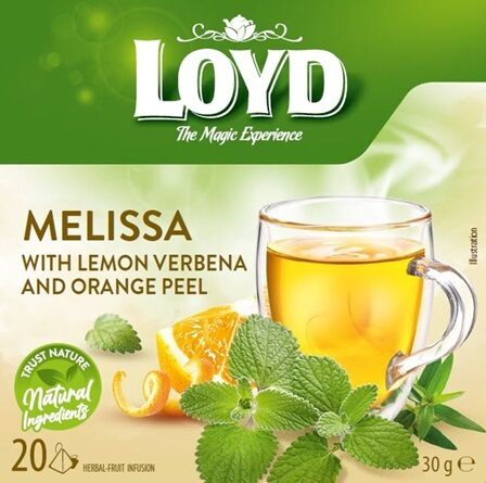Zāļu un augļu tēja maisiņos LOYD ar melisu, citronverbēnu un apelsīnu miziņu, 20x1,5g