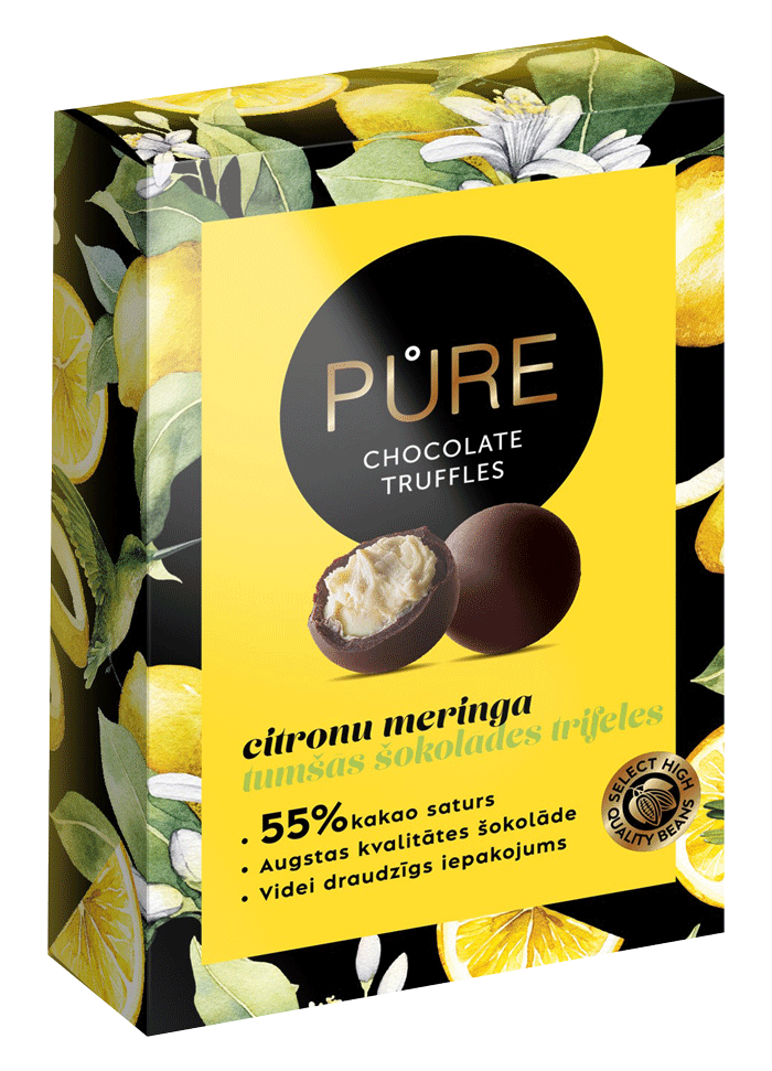 Tumšās šokolādes trifeles ar kraukšķīgo citronu meringas krēma pildījumu 148g, PURE
