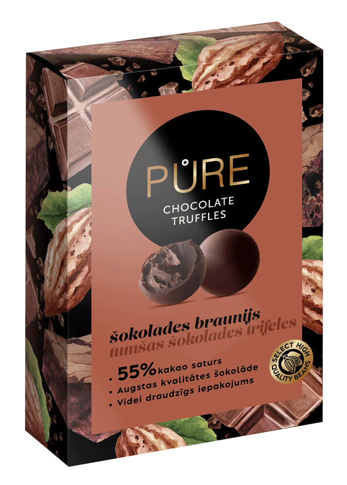 Tumšās šokolādes trifeles ar šokolādes braunija krēma pildījumu 148g, PURE