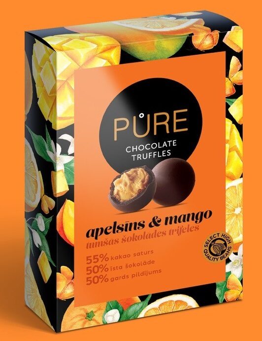 Šokolādes trifeles ar apelsīnu mango krēma pildījumu 148g, PURE