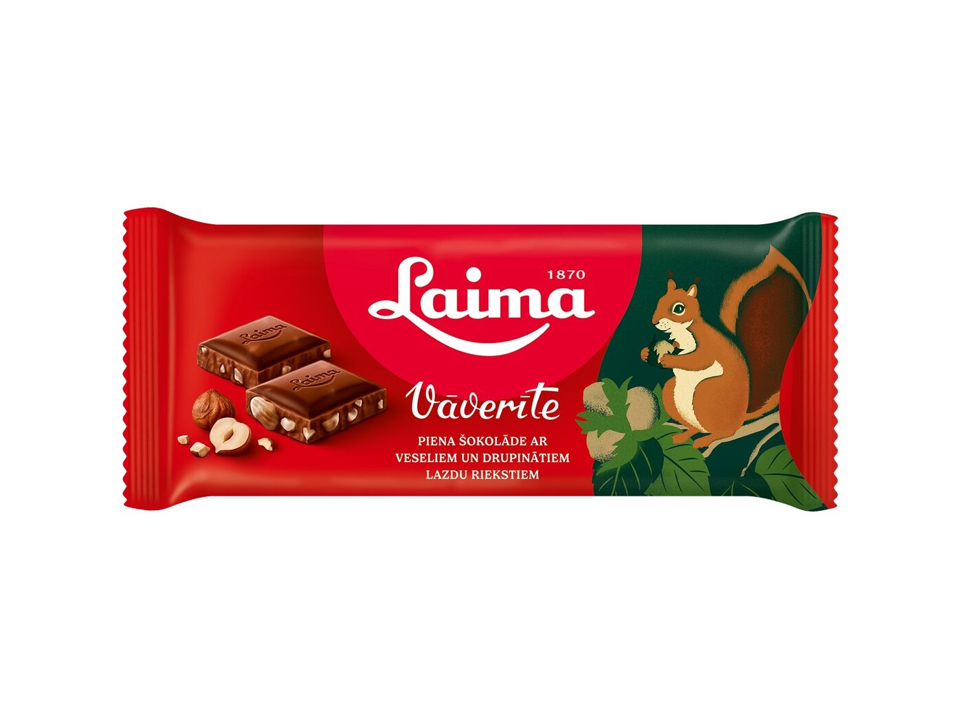 Piena šokolāde LAIMA Vāverīte, ar veseliem un drupinātiem lazdu riekstiem, 90g