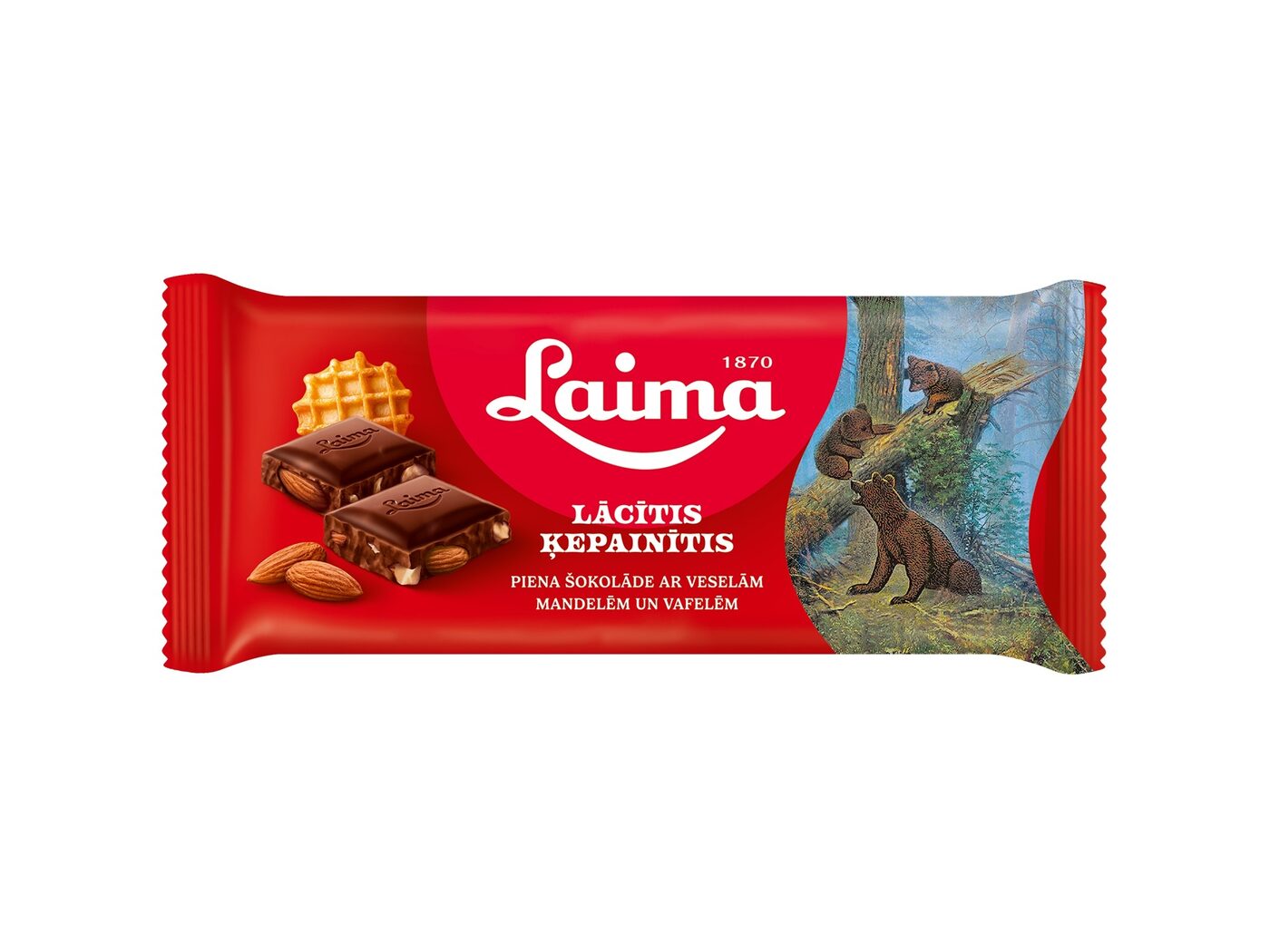 Piena šokolāde LAIMA Lācītis Ķepainītis, ar veselām mandelēm un vafelēm, 90g