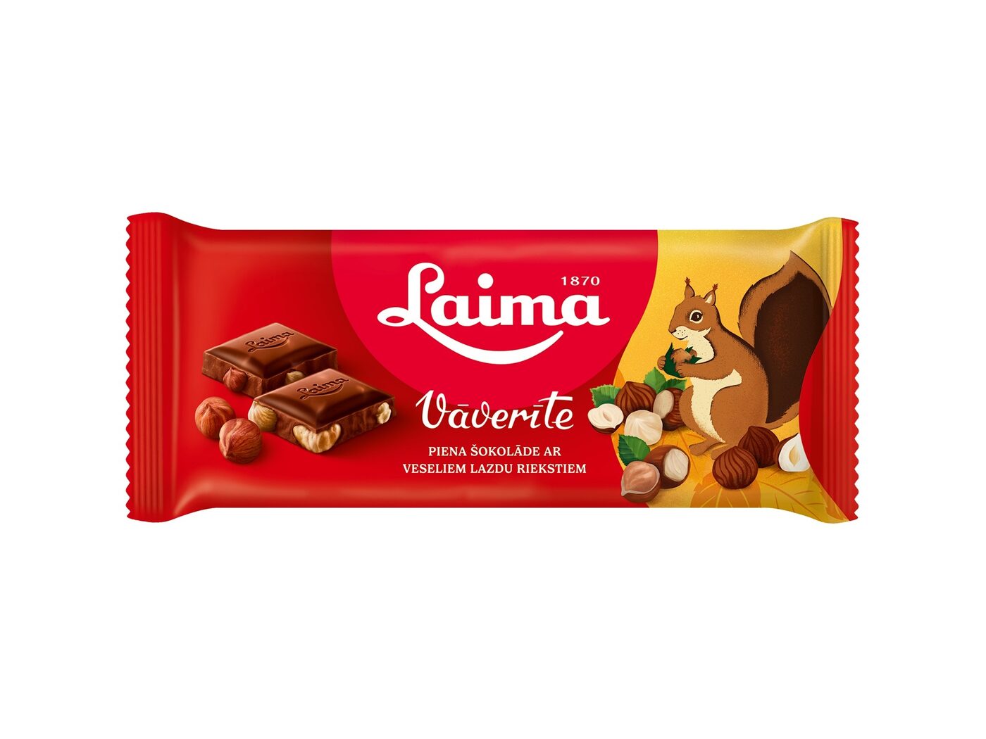 Piena šokolāde LAIMA Vāverīte, ar veseliem lazdu riekstiem, 90g