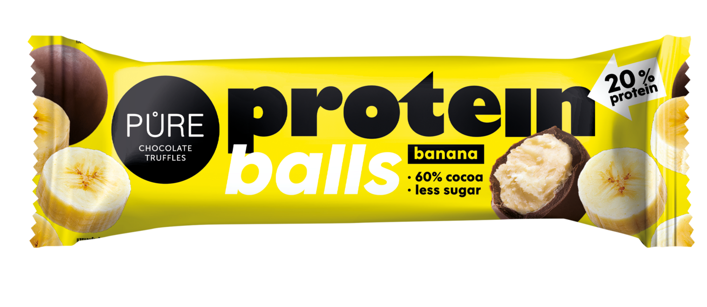Tumšās šokolādes trifeles ar proteīna banānu krēma pildījumu 40g PURE