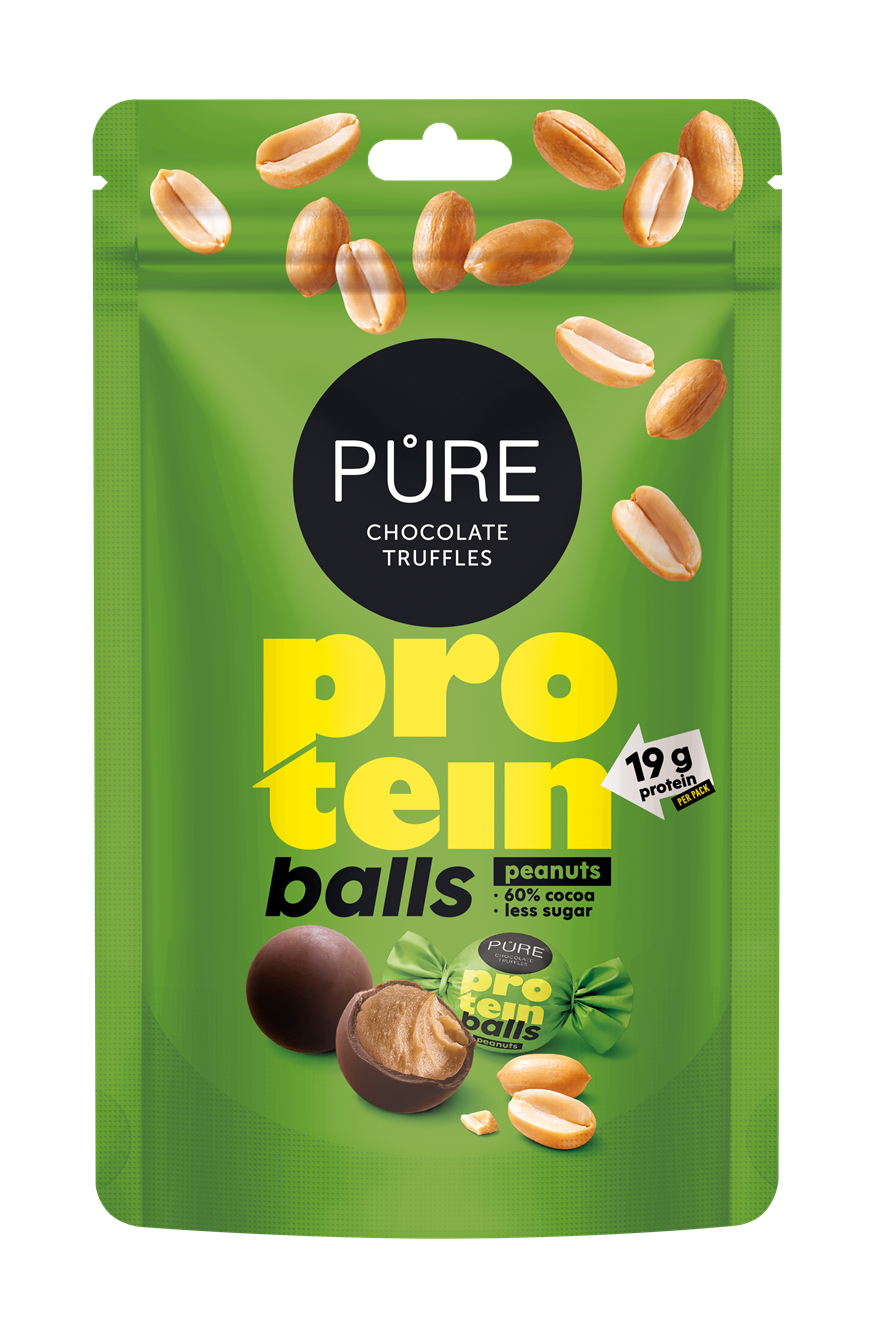 Tumšās šokolādes trifeles ar proteīna zemesriekstu krēma pildījumu 91g PURE