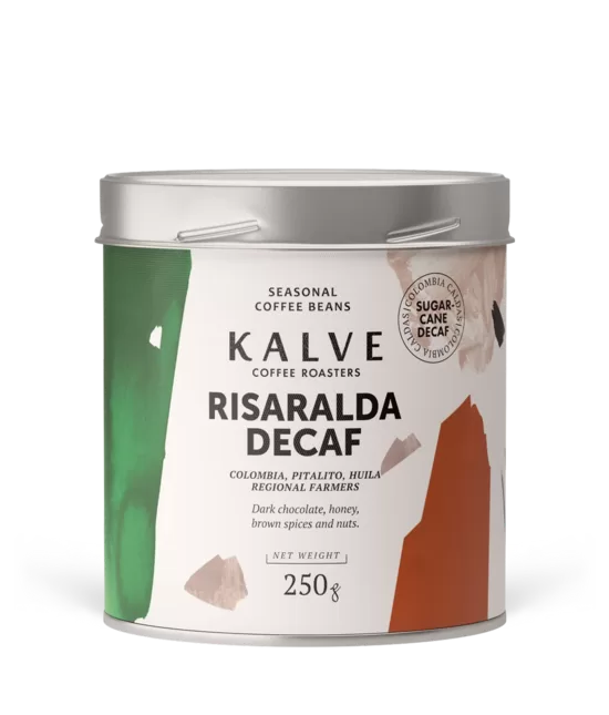 Klave DECAF Kolumbija - Riseralda - Mazgātā "Sugarcane" pārstrāde"Caturra, Castillo" šķirnes (Espresso grauzdējums) kafijas pupiņas 250g bundža