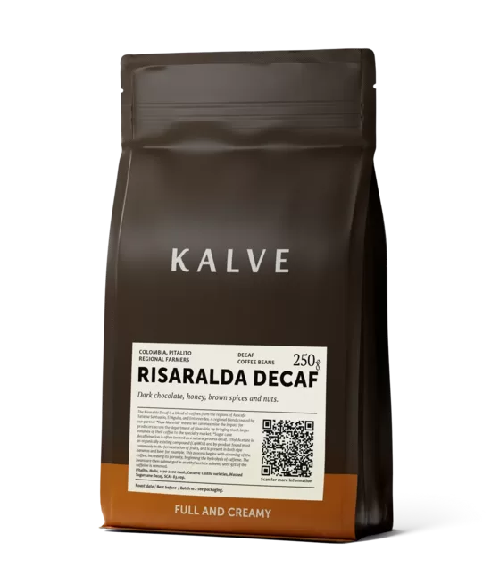 Kalve DECAF Kolumbija - Riseralda - Mazgātā "Sugarcane" pārstrāde"Caturra, Castillo" šķirnes (Espresso grauzdējums) kafijas pupiņas 1kg