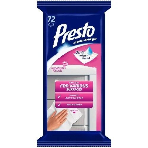 Tīrīšanas salvetes PRESTO CLEAN, mēbelēm, antistatiskas, 72gab