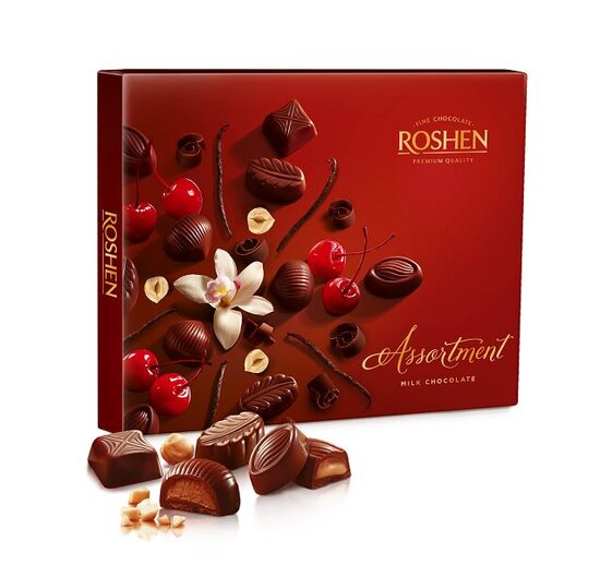 Konfekšu kārba ROSHEN Asorti, piena šokolādes konfektes ar pildījumu, 145g