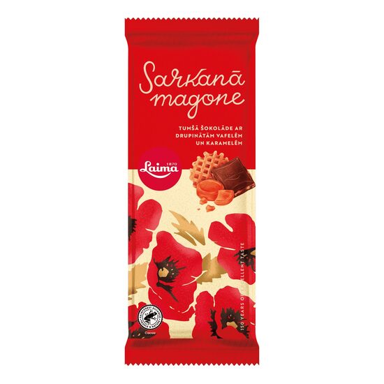 Tumšā šokolāde LAIMA Sarkanā Magone, ar drupinātām vafelēm un karamelēm, 90g