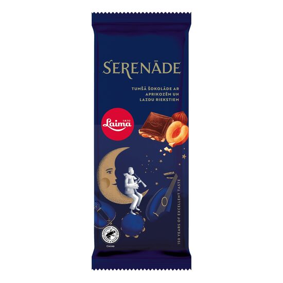 Tumšā šokolāde LAIMA Serenāde, ar aprikozēm un lazdu riekstiem, 90g
