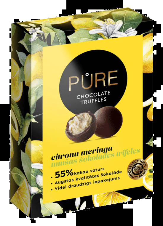 Tumšās šokolādes trifeles ar kraukšķīgo citronu meringas krēma pildījumu 148g, PURE