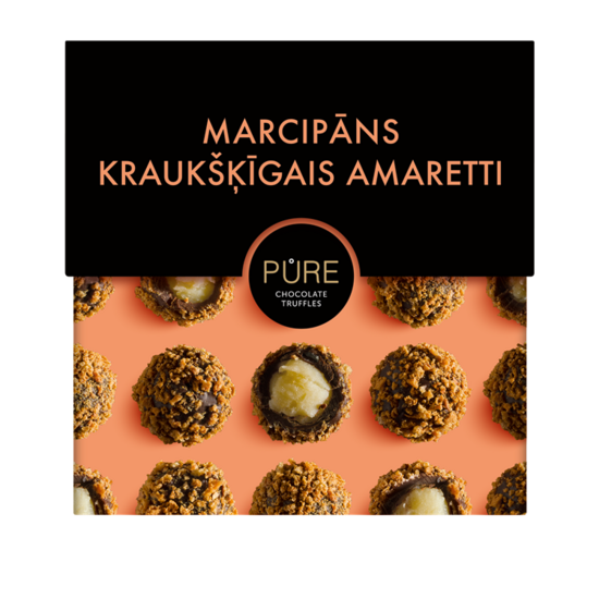 Šokolādes trifeles ar marcipāna krēma pildījumu un kraukšķīgo Amareto cepumu dekoru  96g, PURE