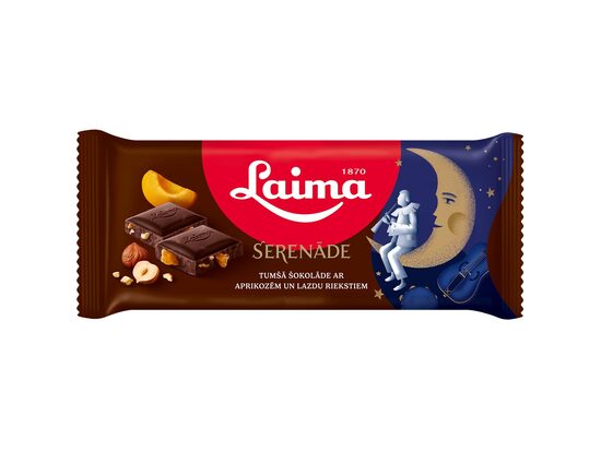 Tumšā šokolāde LAIMA Serenāde, ar aprikozēm un lazdu riekstiem, 90g
