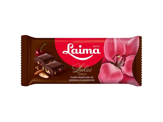 Tumšā šokolāde LAIMA Lukss, ar ķiršiem un mandelēm, 90g