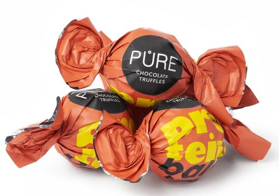 Tumšās šokolādes trifeles ar proteīna šokolādes krēma pildījumu 500g, PURE