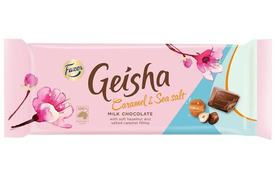 Piena šokolāde GEISHA Fazer ar karameli un jūras sāli, 100g