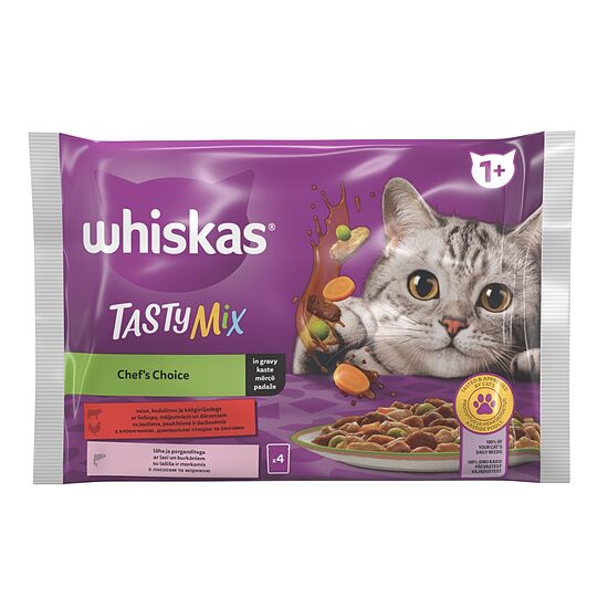 Mitrā barība Whiskas Tasty Mix 1+ Chef's Choice ar Lasi un Burkāniem Mērcē 4-paka pouch 4x85g