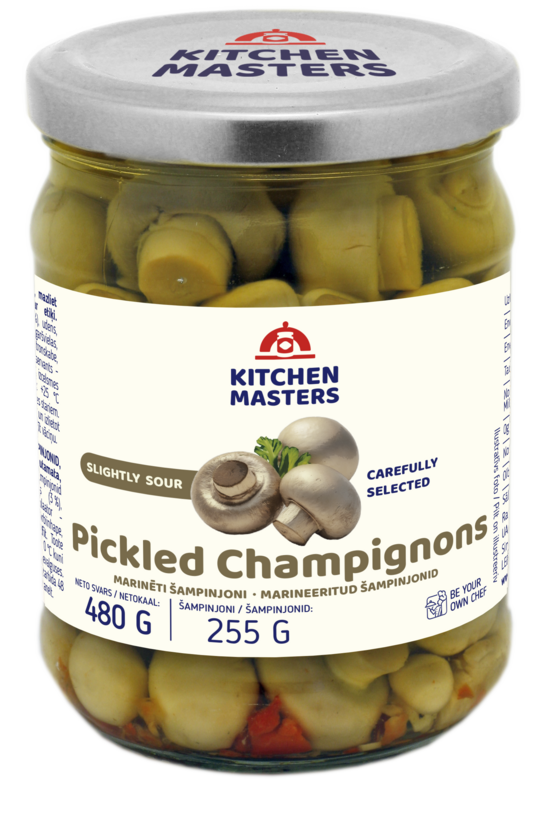 Šampinjoni marinēti KITCHEN MASTERS, 480g/255g
