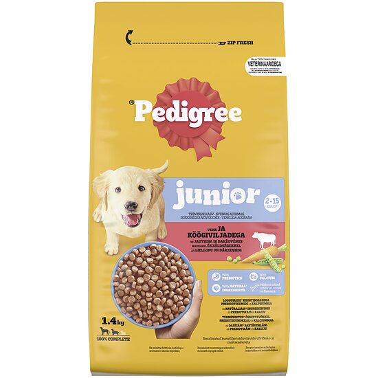 Sausā barība suņiem Pedigree Junior ar liellopu un dārzeņiem, 1,4kg
