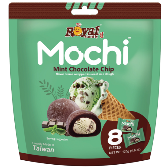 Japāņu rīsu kūka ROYAL FAMILY Mochi, ar piparmētru un šokolādes gabaliņiem, 120g
