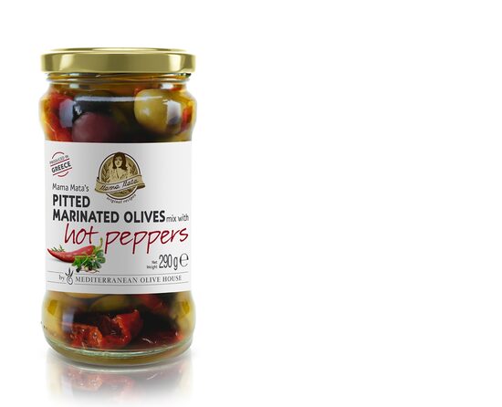 Marinētas olīvas bez kauliņiem MAMA MATA's, Mix, ar asiem pipariem, 290g/170g