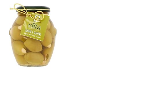 Zaļās olīvas bez kauliņiem ELITA, ar mandelēm un halapenjo, 592g/215g