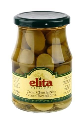 Zaļās olīvas veselas ELITA, 350g/200g