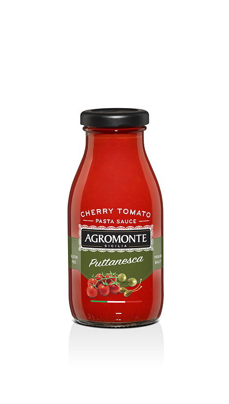 Pastas mērce ar ķiršu tomātiem, zaļajām olīvām un kaperiem AGROMONTE, 260g