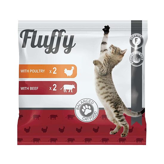 Konservi kaķiem FLUFFY, 2gab ar putnu gaļu, 2gab ar liellopa gaļu, 4x100g