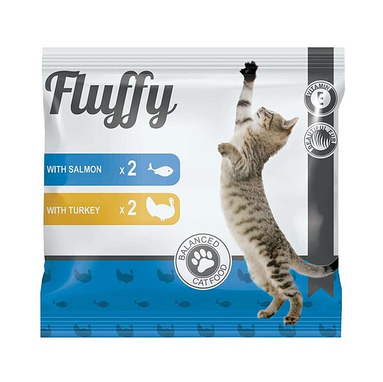 Konservi kaķiem FLUFFY, 2gab ar lasi, 2gab ar tītaru, 400g, 4x100g