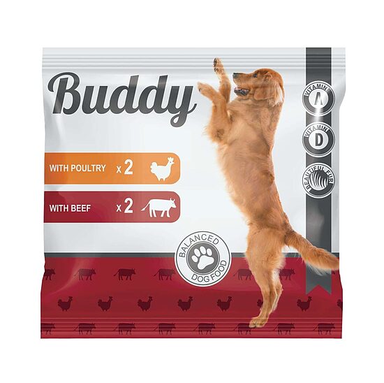 Konservi suņiem BUDDY 2gab ar vistu, 2gab ar liellopa gaļu, 4x100g
