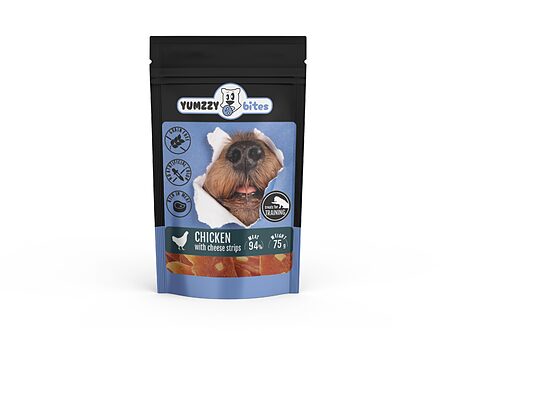 Suņu gardums YUMZZY BITES vistas strēmelītes ar sieru, 75g