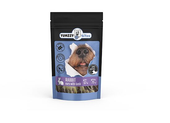 Suņu gardums YUMZZY BITES truša ausis ar jēru, 75g