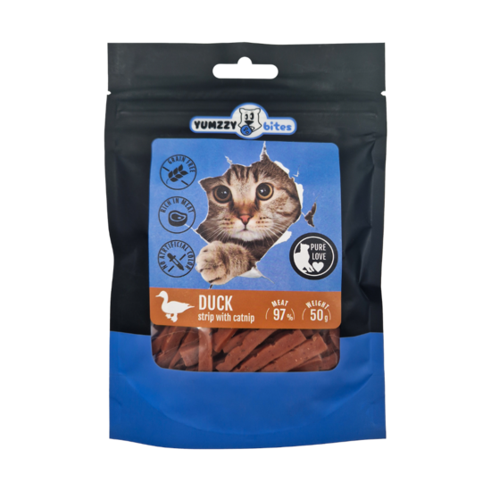 Kaķu gardums YUMZZY BITES, pīles mini strēmelītes ar kaķumētru, 50g