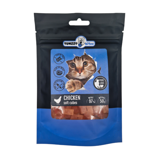 Kaķu gardums YUMZZY BITES, vistas kubiņi, 50g