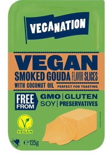 Vegānisks produkts uz augu tauku bāzes, ar kūpināta Gouda siera garšu, VEGANATION, šķēlēs,125g