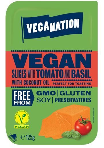 Veģetāriskais siers uz augu tauku bāzes ar tomātu un baziliku VEGANATION, šķēlēs, 125 g