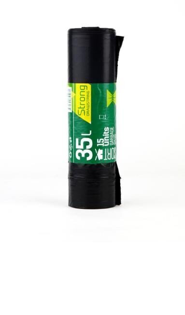 Atkritumu maisi, SORTEX, 35 l, 30 mk, piesienami, melni, 15 gab.