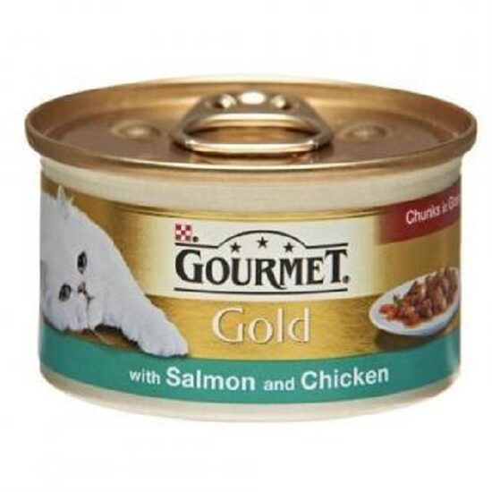 Konservi kaķiem GOURMET Gold gaļas gab. mērcē lasis, vista, 85g
