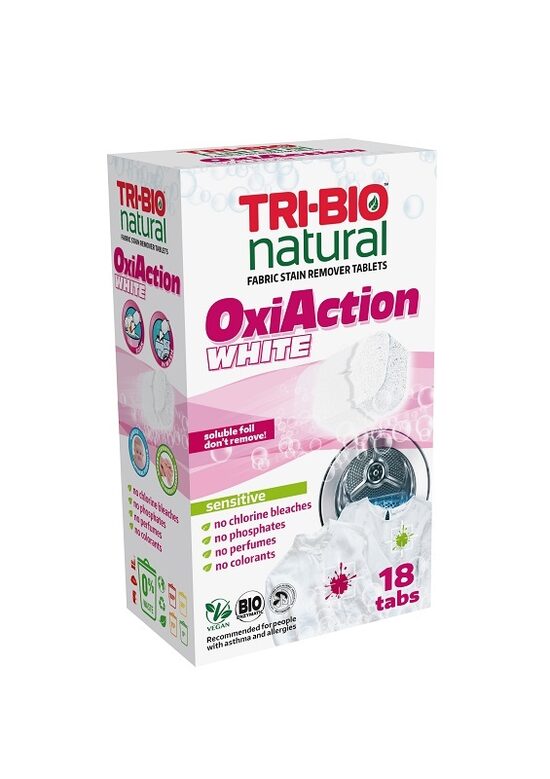 Veļas mazgāšanas tabletes TRI-BIO Oxi Action Sensitive BIO White, 18 tab.