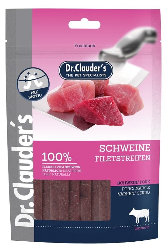 Gardums suņiem DR.CLAUDER'S cūkas fileju strēmeles, 80g
