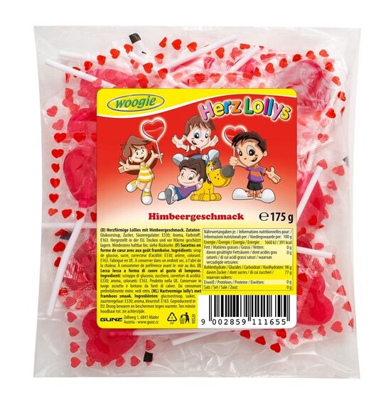 Karameles uz kociņa WOOGIE sirds formā, aveņu garša, 175g