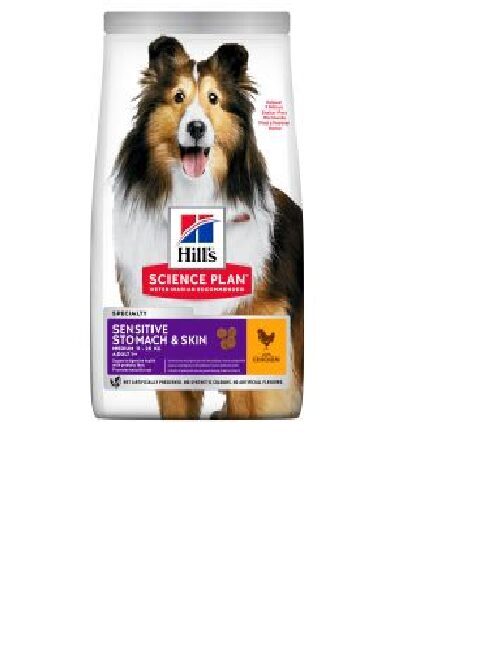 Sausā barība pieaugušiem suņiem HILL'S Science Plan Canine, jūtīgam kuņģim un ādai, ar vistu, 2.5kg