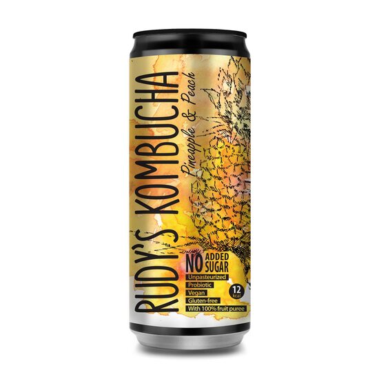 Tējas dzēriens RUDY'S Kombucha Pineapple&Peach, bundžā, 0.33l (DEP)