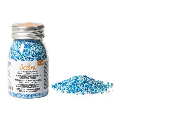 Pārtikas cukura pērles DECORA Mini, baltas, zilas, gaiši zilas, 100g