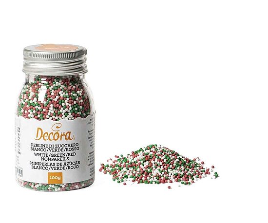 Pārtikas cukura pērles DECORA Mini, sarkanas, baltas, zaļas, 100g